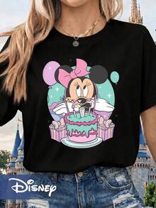 [Officially Licensed By Disney] Women's Crew Neck Graphic T-Shirt – Featuring Disney's Minnie Mouse And A Birthday Cake Design. - Black - View 1