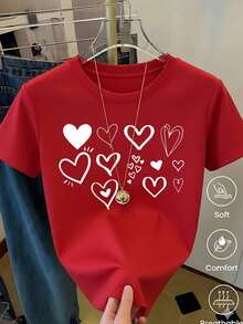 1 Piece Casual Fashion Men's And Women's T-Shirt With Doodle Multi-Heart Print, Minimalist And Romantic Style Short Sleeve Casual T-Shirt, Superior - 紅色 - 查看 1