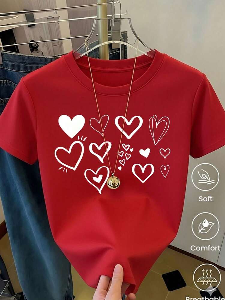 1 Piece Casual Fashion Men's And Women's T-Shirt With Doodle Multi-Heart Print, Minimalist And Romantic Style Short Sleeve Casual T-Shirt, Superior - 紅色 - 查看 1