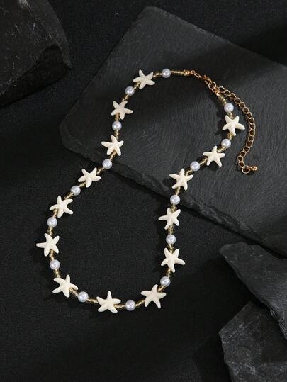 1 pieza Collar de hombre con cuentas de estrella de mar para vacaciones de verano, collar de pareja de estrella de mar estilo bohemio, joyería regalo para fiesta