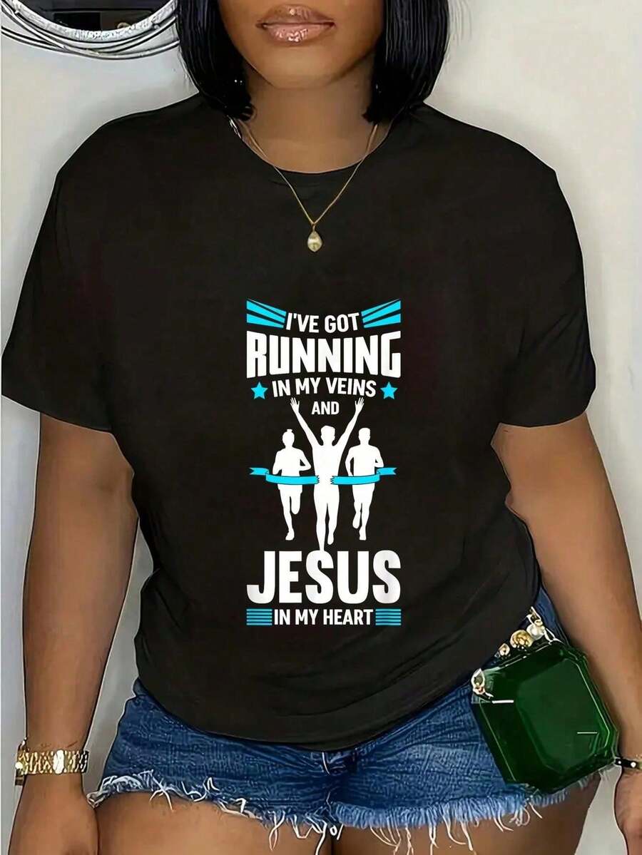 Camiseta Casual 100% Algodón para Corredor de Maratón, Camiseta con Frases de Jesús para Maratonero, Blusas Casuales para Dama - Negro - Ver 1