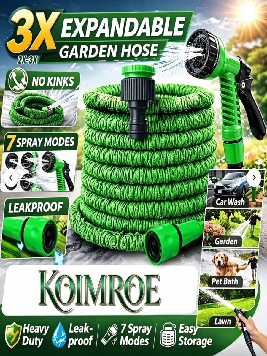 100FT Expandable Garden Hose, Water Pipe Flexible Hose With 7 Function Spray Nozzle For Watering Lawn Yard Garden Car Washing Pet Cleaning Easy Storage Ergonomic Design (Green) - 綠色 - 查看 1