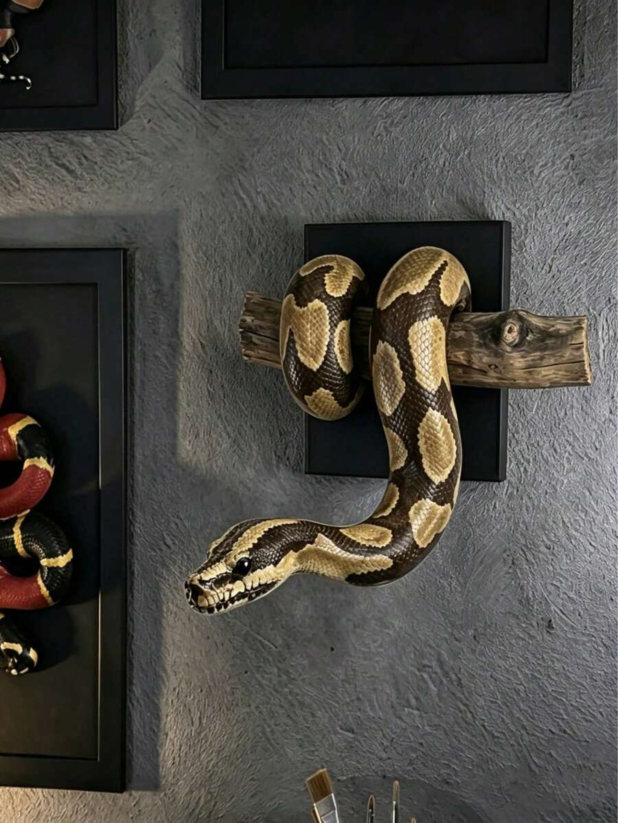 1pc Ball Python Wall Sculpture, Symbol Of Strength And Prosperity, Gothic Style Snake Decor, Realistic Wooden Statue, Handmade Gift For Reptile Lovers, Lifelike Texture - Multicolor - View 1