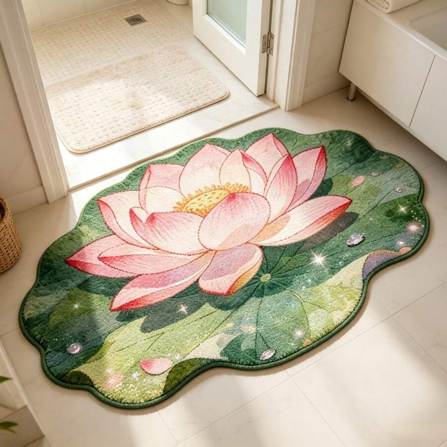 1件裝粉綠荷花圖案仿羊絨裝飾地毯,門墊,小地毯,歡迎墊,地毯,地板墊,戶外門墊,廚房地毯,家居裝飾,正門墊,區域地毯,戶外墊,家居裝飾,區域地毯,花園地毯,可機洗地毯 - 彩色 - 查看 1
