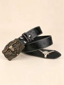1pc New Vintage Distressed 3D Bull Head Large Buckle, Western Style Versatile Decorative Belt - Multicolor - View 4
