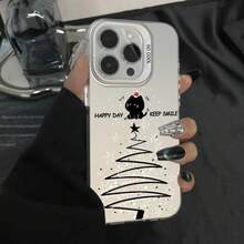 Christmas Tree Cat Phone Case For Apple 15Pro,  16Pro Max, Cute 14Pro, Christmas 13 - 彩銀殼-黑色-聖誕貓 - 查看 7