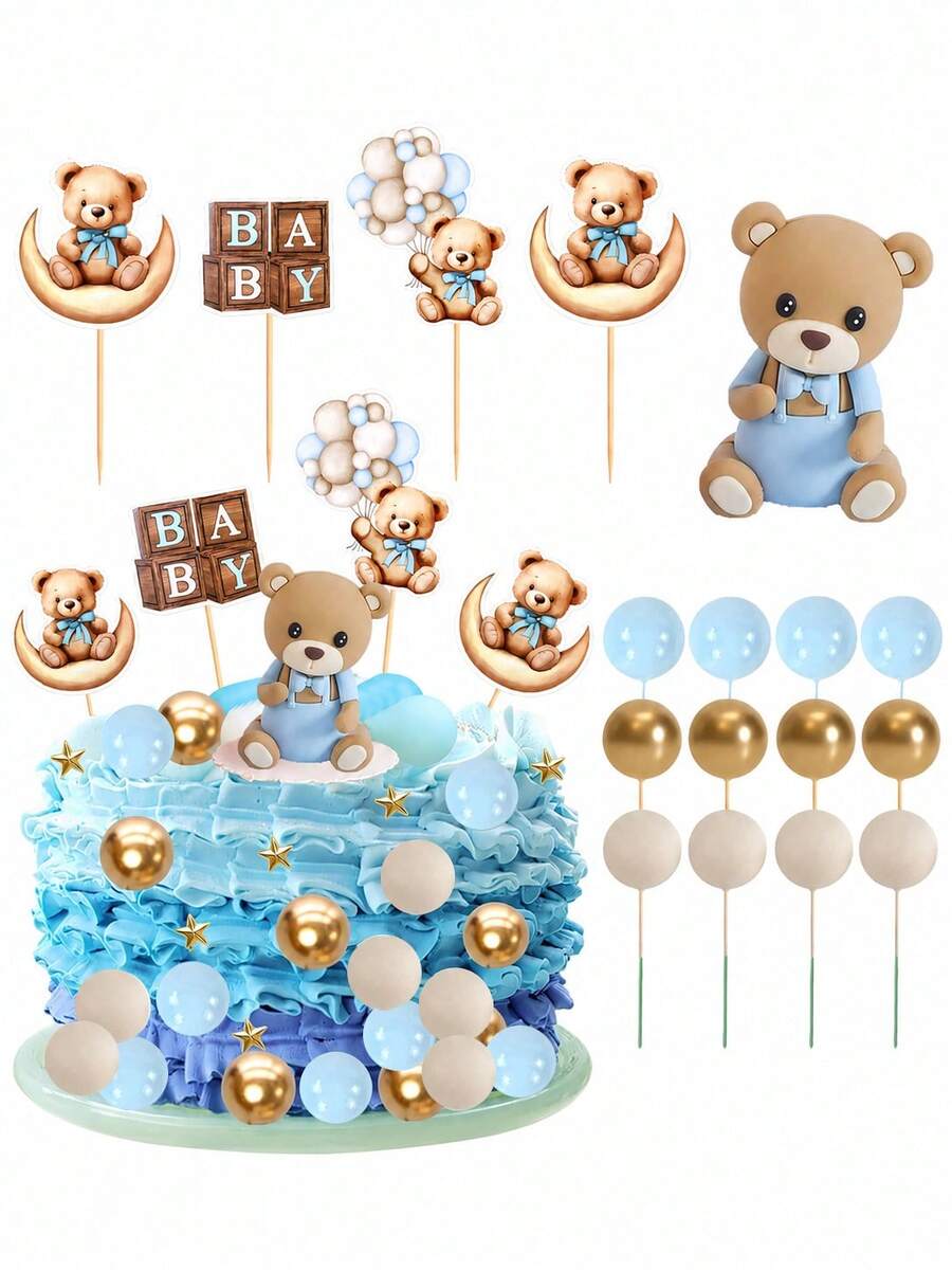 22/15/6/1pc-Blue Teddy Bear Cake Decorations, Planet Theme Cake Decorations, Suitable For Boys And Girls Birthday Parties And Baby Shower Party Decorations - Perfect For Boys Birthday Party - Multicolor - View 1