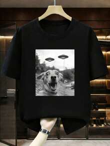1 pieza Camiseta Divertida de Perro Selfie con Ovnis, Regalo para Hombres y Niños, Camiseta Unisex de Algodón Negra con Estampado Gráfico, Ropa de Pareja, Camiseta Streetwear para Él/Ella - Negro - Ver 1