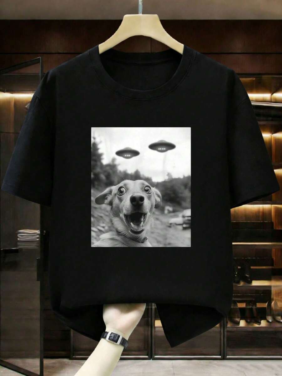1 pieza Camiseta Divertida de Perro Selfie con Ovnis, Regalo para Hombres y Niños, Camiseta Unisex de Algodón Negra con Estampado Gráfico, Ropa de Pareja, Camiseta Streetwear para Él/Ella - Negro - Ver 1