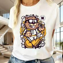 Mujer, Estilo Casual, Diseño de Mapache con Gafas y Donut, Camiseta de Manga Corta Cuello Redondo, Verano Cómoda para Uso Diario - Blanco - Ver 1