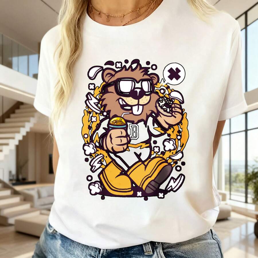 Mujer, Estilo Casual, Diseño de Mapache con Gafas y Donut, Camiseta de Manga Corta Cuello Redondo, Verano Cómoda para Uso Diario - Blanco - Ver 1