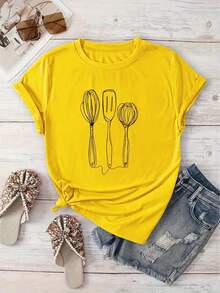 nsilios de Cocina para Mujer, Estilo Casual y de Vacaciones, Manga Corta con Cuello Redondo, Adecuada para Primavera y Verano, Lavable a Máquina, Nueva Ropa de Mujer, Versátil para Salidas y - Amarillo - Ver 1