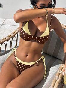 Traje de baño bikini retro de lunares y rayas para mujer, casual y a la moda para vacaciones, festivales de música, carreras de copas, Kentucky Derby, playa de verano. - Amarillo - Ver 2