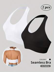 Seamless Sports Bra And Tank Top - Ribbed Halter Yoga Top With Open Back - 白色 - 查看 1