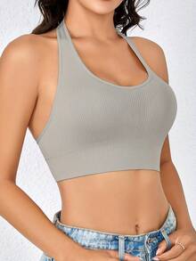 Seamless Sports Bra And Tank Top - Ribbed Halter Yoga Top With Open Back - Mint Blue - View 6