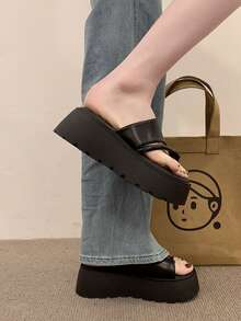 2026 Summer Women Platform Slide Sandals, Two Toe Cross Straps Wave Wedge Sole With Soft Cushion Insole, Minimalist Cool Shoes For Beach Date School D - Black - View 2