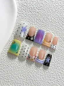 10pcs Y2K Style Handmade Press-On Nails, Polygel Nail Art Set, Star Polka Dot Stripe Color Block Design, Purple, Yellow And Brown, Minimalist Style, Includes Nail Tools, 3 Sizes Available, Almond/Duck/Coffin Shape, Suitable For Party, Dancing, Daily Wear - 彩色 - 查看 17