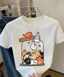 Cat Print T-Shirt, Men's Plus Size Shirt,  Summer Casual Short Sleeve T-Shirt, Outdoor Sportswear, Casual Wear Suitable For Tall Men - 白色 - 查看 1
