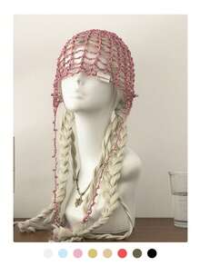 1pc Handmade Beaded Knit Hat, Women's Retro Hollow For Photo Shooting, Boho Chic Headwear, Pure Handmade Beaded Knit Hat, Women's Fashionable Retro , Hollow Out Beaded Tassel Headwrap, Summer Thin Breathable Face-Slimming Beanie - White Label Silver Beads Wide Pattern - View 5