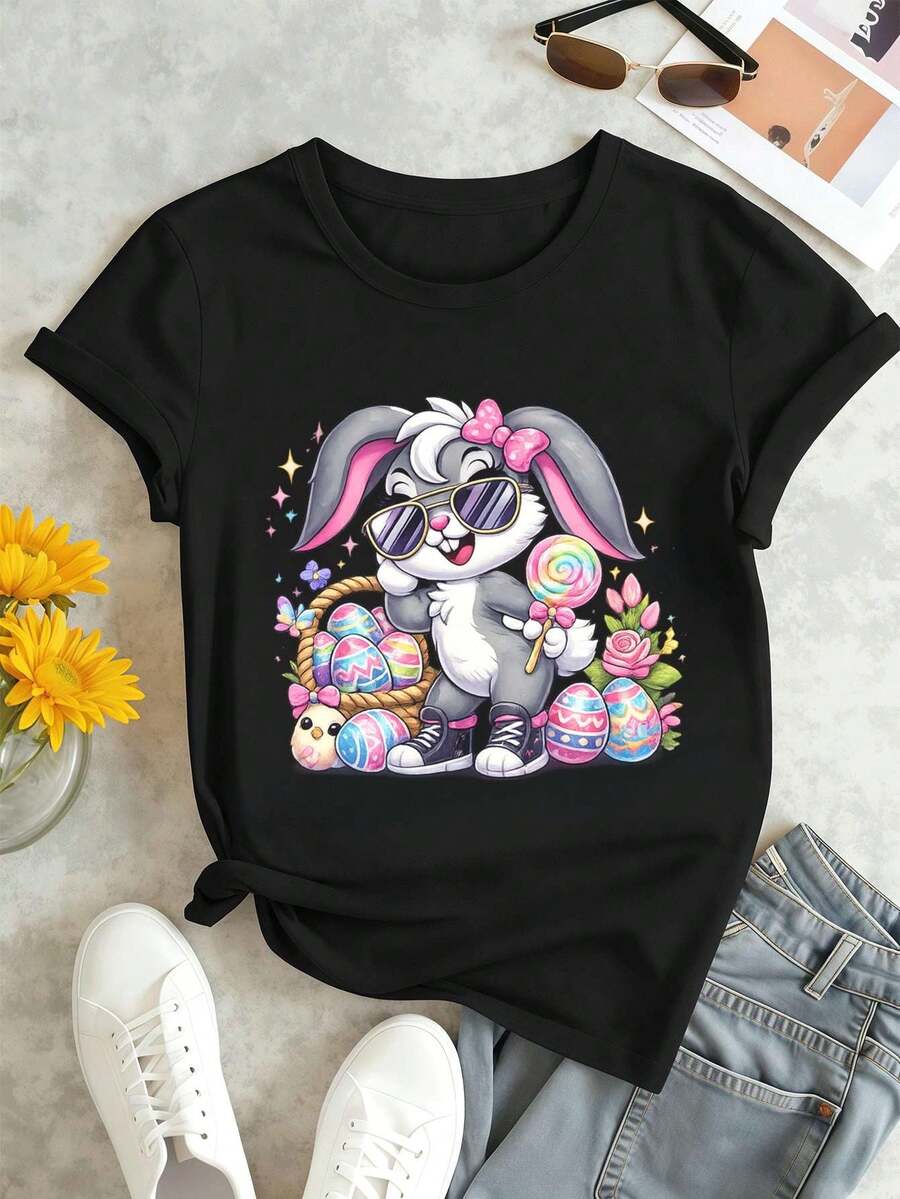 Camiseta de con estampado de conejito de Pascua. Tejido de calidad, corte holgado, estilo casual, cómoda, dise?o gráfico. - Negro - Ver 1