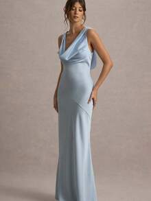 Spring And Autumn Women's Folded Ribbon Sparkling Evening DressLoose And Comfortable - Light Blue - View 7