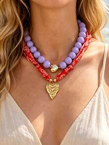 1pc Bohemian Flirty Style Creative Fashion Elegant Exquisite Luxurious Minimalist Light Luxury Sweet High-Quality Copper Heart Beaded Pendant Necklace, Jewelry Gift For Women, Sisters, Couples, Prom, Graduation, Suitable For Daily Wear, Dating, Party, Holiday, Summer Beach Vacation - Multicolor - View 4