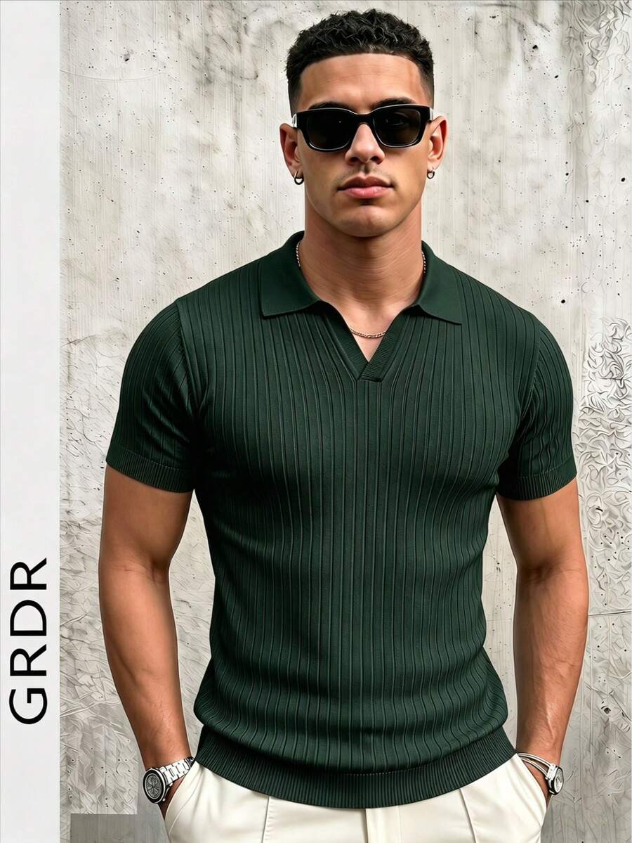 GRDR 男士夏季针织Polo衫，纯色短袖针织领，适合夏季外出穿着，时尚穿搭必备单品