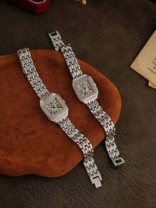 1pc New French Elegant Fashion Rhinestone Waterproof Women's Watch, Retro Casual Exquisite Square Dial Quartz Watch, Stainless Steel Band, Gold And Silver Color Options, Suitable For Daily Life And Outings - Silver - View 8