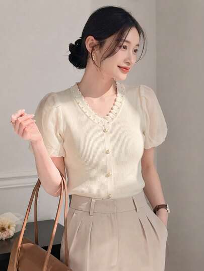 Ruffled V-Neck Knit Top Women, Summer New Design Beaded Chiffon Petal Sleeve Blouse