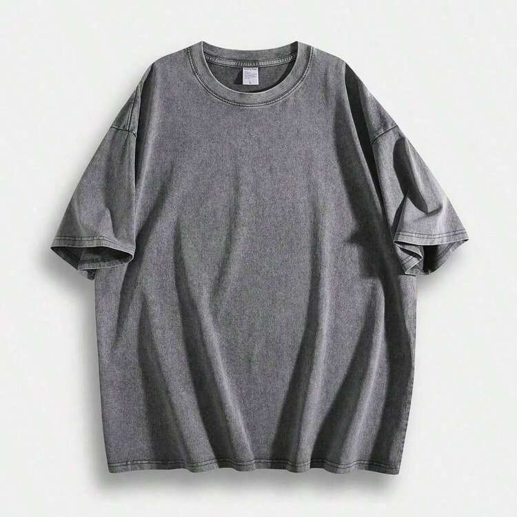 230g Washed Distressed Pure Cotton Tee, Double-Sided Non-Linear Growth Wax Print, Crew Neck Short Sleeve, Fashion Casual Top, Ideal Holiday Gift - 灰色 - 查看 3