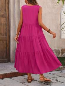 Vestido rojo sin mangas para mujer, largo tipo tiered con cuello en V, estilo bohemio casual - Rosa - Ver 4
