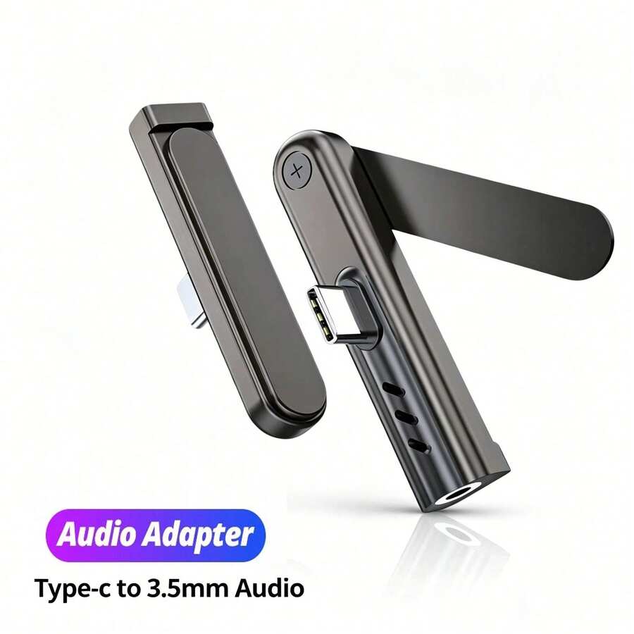 2-In-1 Stand Converter (Phone Stand + Audio) USB-C Portable 360° Right Angle High-Quality Audio Conversion Adapter With Phone Stand Converter, Compatible With IPhone 17/16/15/ Phones/Tablets And Laptops, Plug And Play Conversion Stand - Black - View 1