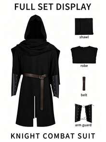Men's Dark Medieval Hooded Long Robe Set, Vintage Gothic Style Detachable Hooded Cape + Slit Long Inner Robe, Paired With Brown Leather Belt And Lace-Up Leather Wrist Guards, Loose Fit With Slimming Effect And Great Drape, Breathable And Durable Fabric, Versatile For Dark Ranger, Hermit, Wizard, Night Walker And Other Role-Play, Inclusive Fit For Various Body Types, Perfect For Photo Atmosphere, Role-Play Costume Piece - Black - View 2