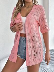 Plus Sizes - New For Summer: Women's Short Sleeve Openwork Cardigan, Loose Fit, Mid-Length, Lightweight And Breathable - 粉色 - 查看 4