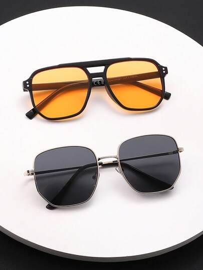 2 Pairs Casual Premium Unique Double-Beam Design Asymmetrical Frame Plastic & Metal Full-Rim Sunglasses For Men, UV Protection, Design, Suitable For Street Photography, Parties, Outdoor Leisure Activities, Dating Outfits And More, Fits All Face Shapes