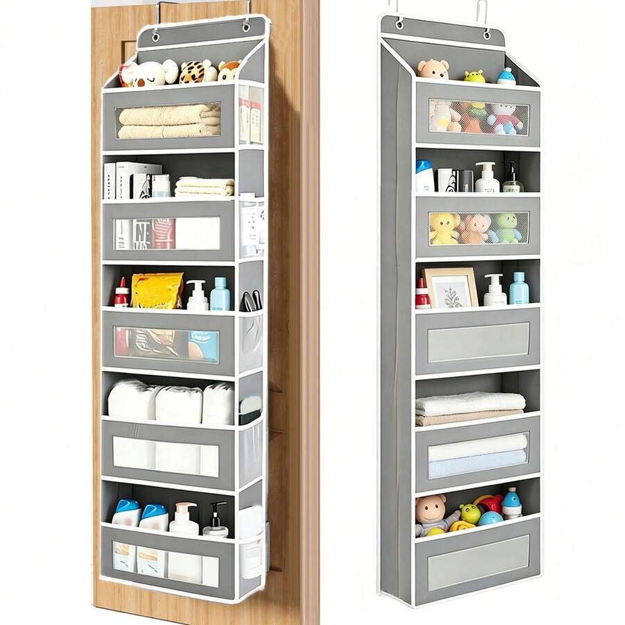 FF FINESSE THING 5-Tier Door Hanging Storage Organizer, Heavy-Duty Non-Woven With 5 Large Pockets & Hooks, Vertical Space Saver For Bathroom Wardrobe Bedroom Dorm, Holds Cosmetics, Toiletries, Towels & Cutlery - 灰色-5層10口袋 - 查看 1