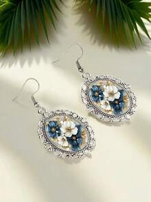 Vintage Blue And White Floral Oval Teardrop Earrings, Antique Silver Hollow Floral Pendant Earrings, Elegant Enamel Women's Personalized Jewelry - Silver - View 3