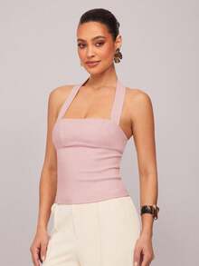 Camisola  para Mujer, de Color Sólido, con Cuello Halter y Espalda Descubierta, para Verano - Albaricoque - Ver 15