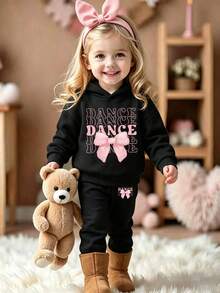 Baby Girl Cartoon Pattern Print Hooded Warm Sweatshirt And Long Pants Set - Black - View 1