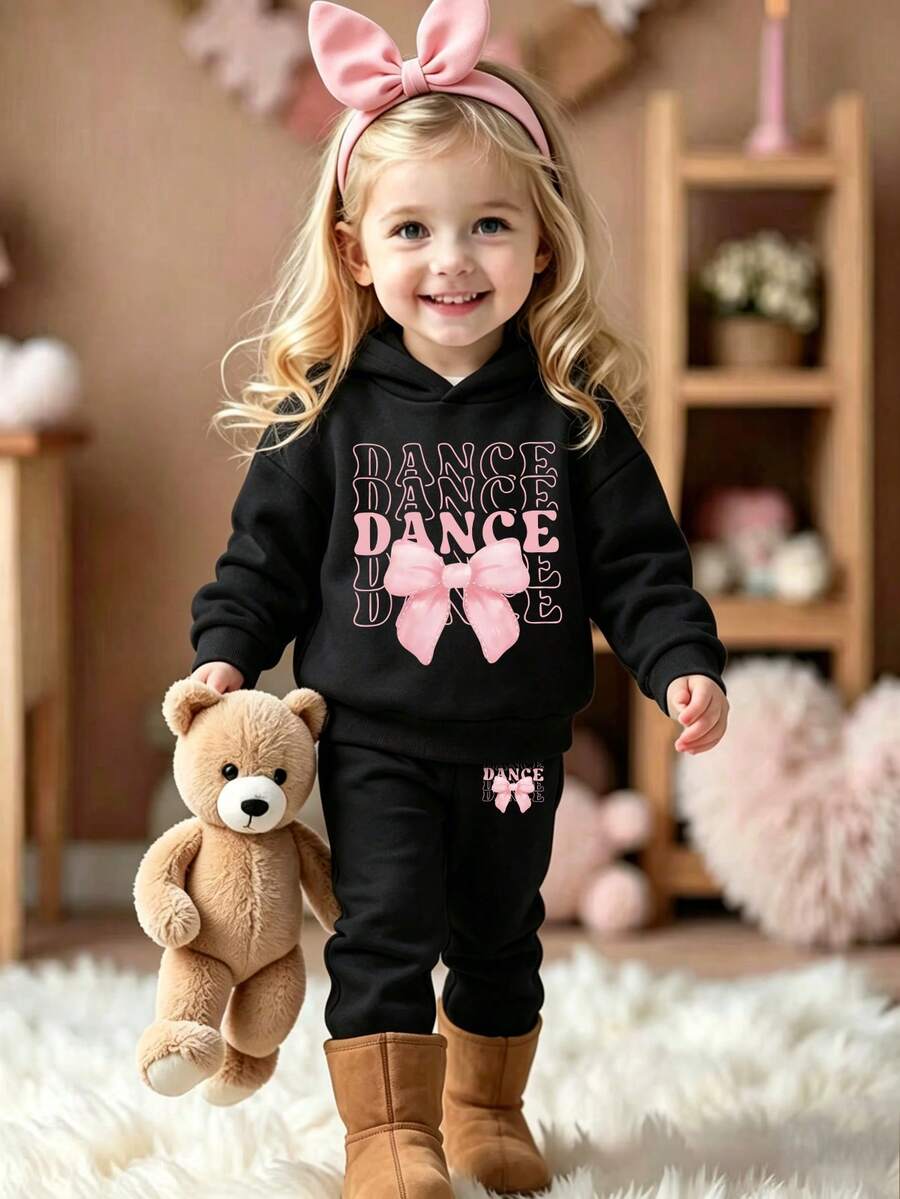 Baby Girl Cartoon Pattern Print Hooded Warm Sweatshirt And Long Pants Set - Black - View 1