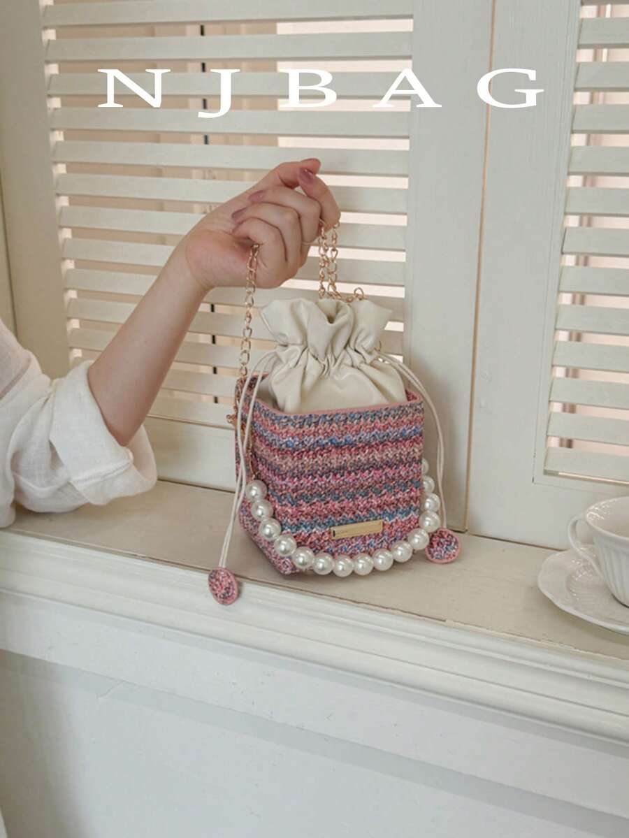 Mini bolso de mano de moda con cordón ajustable, caja tejida con relieve, acrílico y perlas