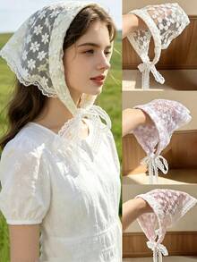 1pc Girls French Sweet Lace Trim Mesh Embroidered Floral Tie-Up Vacation Pastoral Style Premium Triangle Bandana Lace Headband - Multicolor - View 1