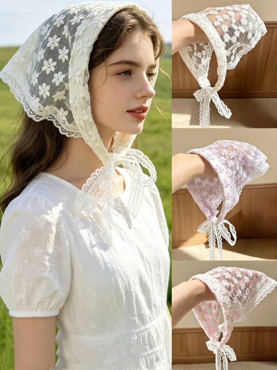 1pc Girls French Sweet Lace Trim Mesh Embroidered Floral Tie-Up Vacation Pastoral Style Premium Triangle Bandana Lace Headband - Multicolor - View 1