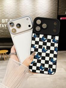 格子手機殼 1件裝 黑白棋盤格藍色蝴蝶手機殼 360°全方位保護 TPU 磨砂霧面手機殼，相容 iPhone 17 Pro Max、 13、 15、 16 Pro Max、 16 及 Galaxy 手機，可愛手機保護殼，Y2K 配件，手機配件，快速出貨，可作為禮物或個人使用 - 彩色 - 查看 7