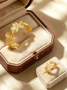2PCS Minimalist Fashion Vintage Elegant Plumeria Openable Bracelet & Flower Ring Jewelry Set, Stainless Steel Women's Jewelry Set Suitable For Daily Wear/Garden Party/Wedding/Afternoon Tea/Holiday Gift For Girlfriend - Yellow Gold - View 6