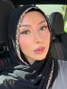1PC Women's Solid Color Embroidered Chiffon Headscarf, Lightweight Comfortable Versatile Chiffon Headscarf, Suitable For Daily Casual Wear - Black Lace Embroidery - View 4