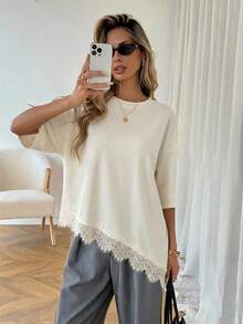 Camiseta de talla grande con diseño elegante, bajo asimétrico, ribete de encaje y manga corta, de nuevo estilo para mujer. - Estampado de leopardo marrón - Ver 7