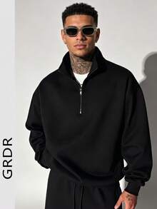 GRDR Men's Solid Color Long Sleeve Zip-Up Pullover Sweatshirt, Autumn/Winter - Black - View 4