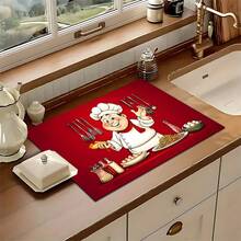1pc, Home Decor, Chef Pattern Printed Dish Drying Mat, Espresso Machine Countertop Absorbent Mat, Sink Drainage Mat, Soft Faucet Absorbent Mat, Sink Cup Mat, Kitchen Supplies, Bathroom Supplies - Multicolor - View 4