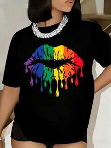Camiseta de Mujer con Estampado de Labios Arcoíris, Manga Corta, Cuello Redondo, Estilo Casual de Verano,  Actual en México - Negro - Ver 1